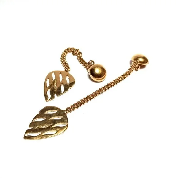 Golden vintage Earrings, 1990s retro Clip On Drop, Leaf shaped with Rhinestone, - Picture 9 of 9